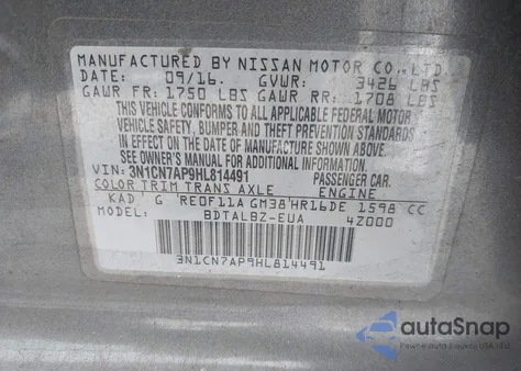 2017 Nissan Versa 1.6 S/1.6 S+/1.6 Sl/1.6 Sv/S z USA, uszkodzony, nr VIN 3N1CN7AP9HL814491